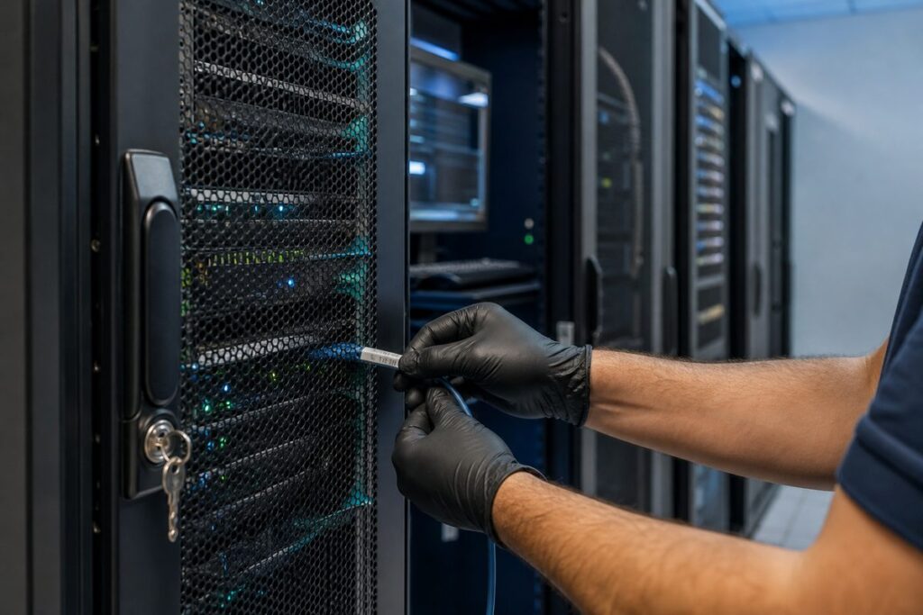 Serverraum mit verschlossenem Serverschrank und Männerhänden, die ein Netzwerkkabel anschließen.
