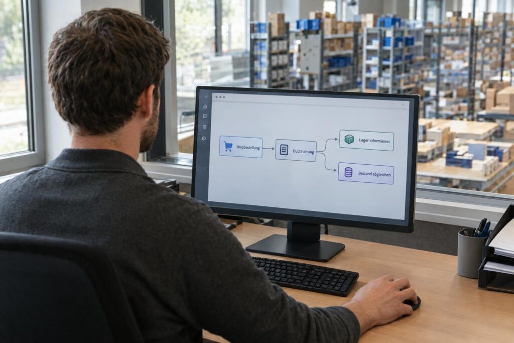 make automatisierung: Ein Mitarbeiter verknüpft Shopbestellung, Buchhaltung und Lager im visuellen Workflow-Editor.