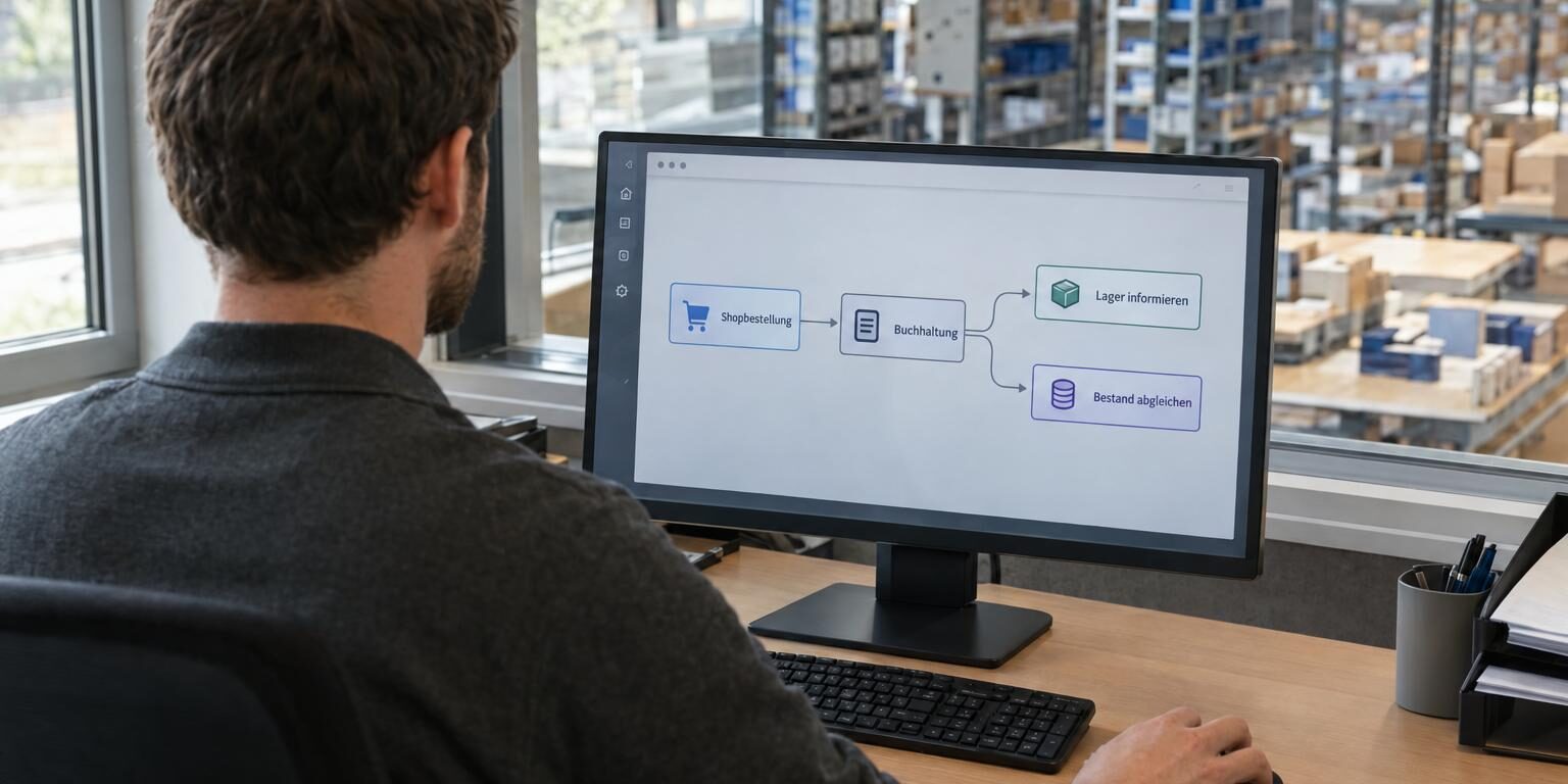 Make Automatisierung, n8n und Zapier: Welches Tool passt zu Ihrem KMU? make automatisierung: Ein Mitarbeiter verknüpft Shopbestellung, Buchhaltung und Lager im visuellen Workflow-Editor.