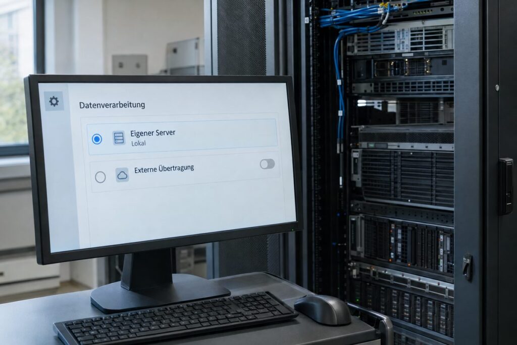 Konsole im betriebseigenen Serverschrank mit Einstellungen für lokale Datenverarbeitung.