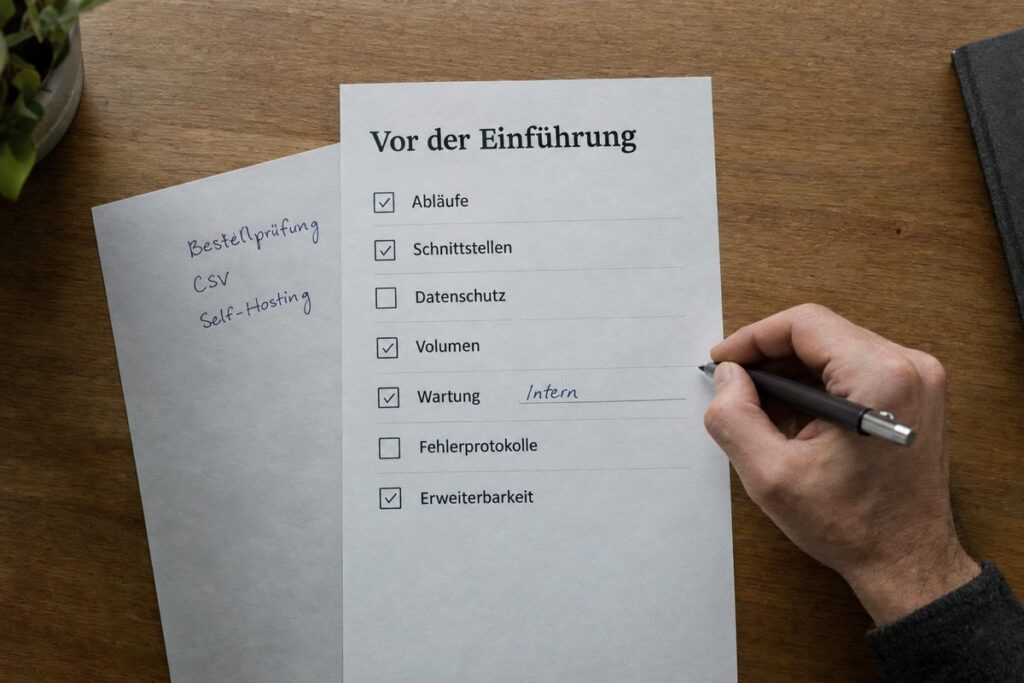 Eine Hand ergänzt eine schriftliche Checkliste zu Abläufen, Datenschutz und Wartung vor der Automatisierung.