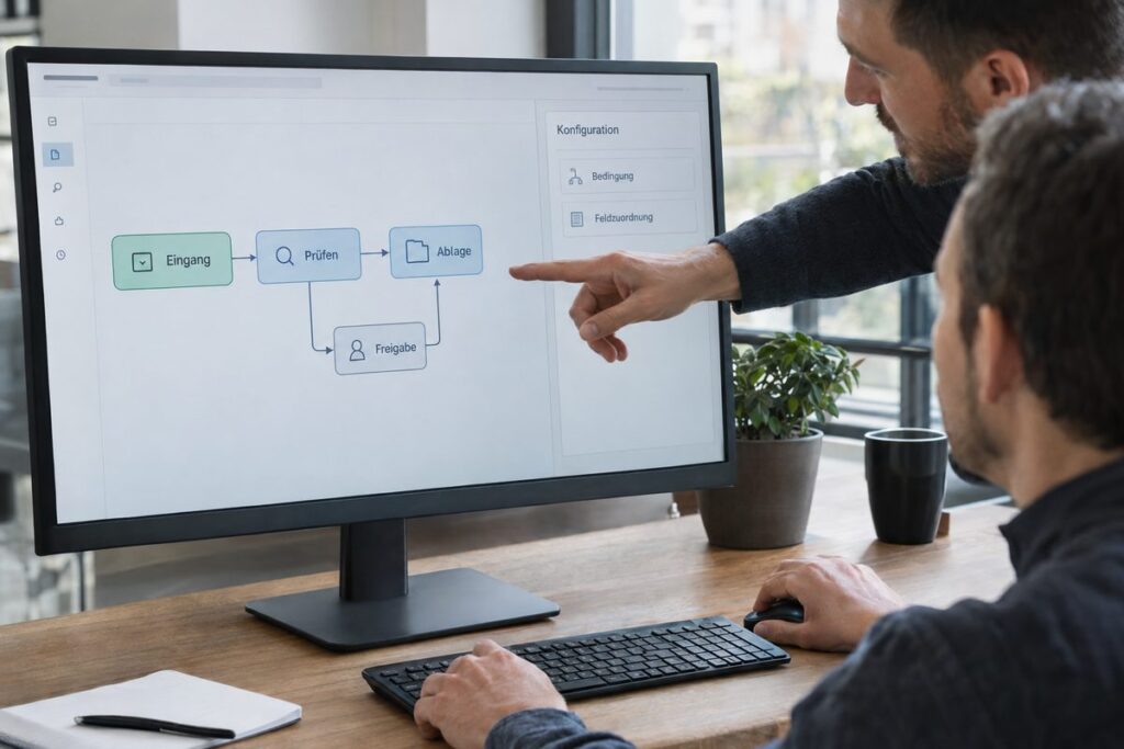 Ein Mitarbeiter erklärt einem Kollegen eine Verzweigung und Feldzuordnung in einem visuellen Workflow-Editor.