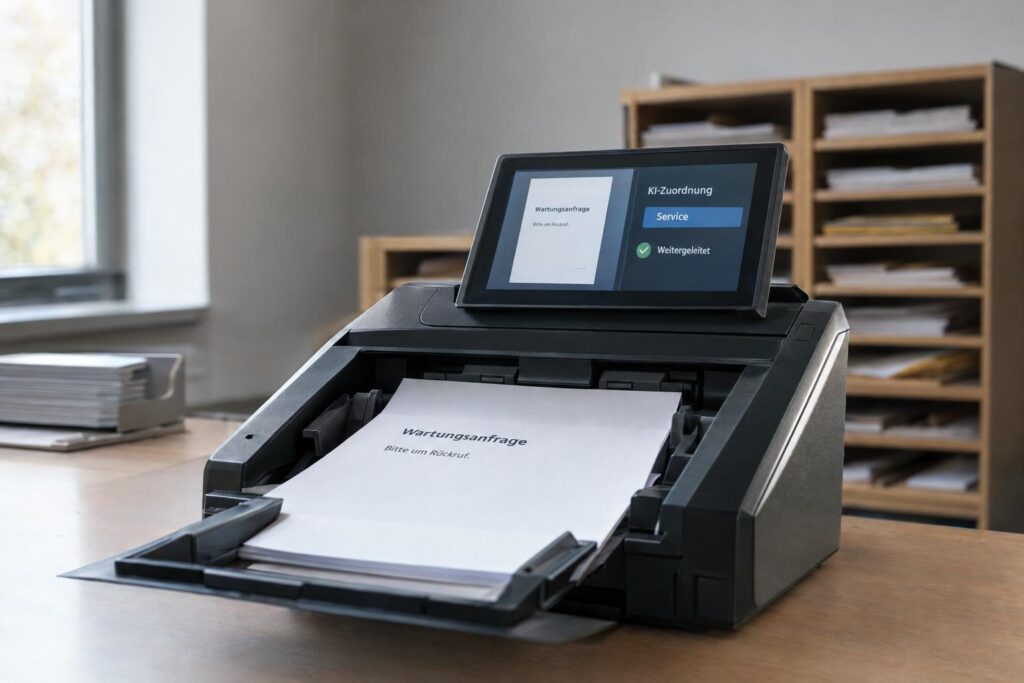 prozessautomatisierung ki: Dokumentenscanner mit Wartungsanfrage und Display zur automatischen Zuordnung an den Service.