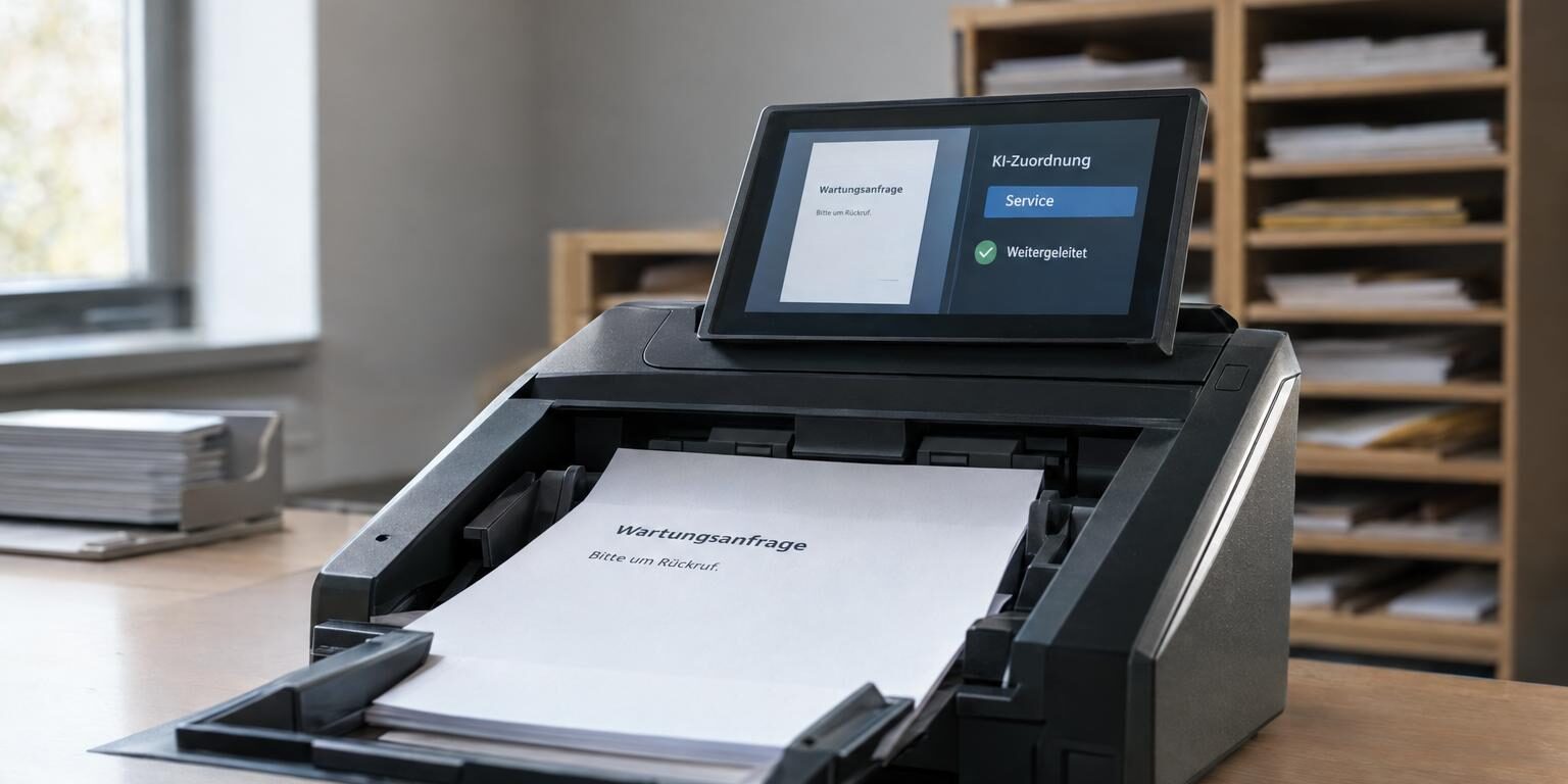 prozessautomatisierung ki: Dokumentenscanner mit Wartungsanfrage und Display zur automatischen Zuordnung an den Service.