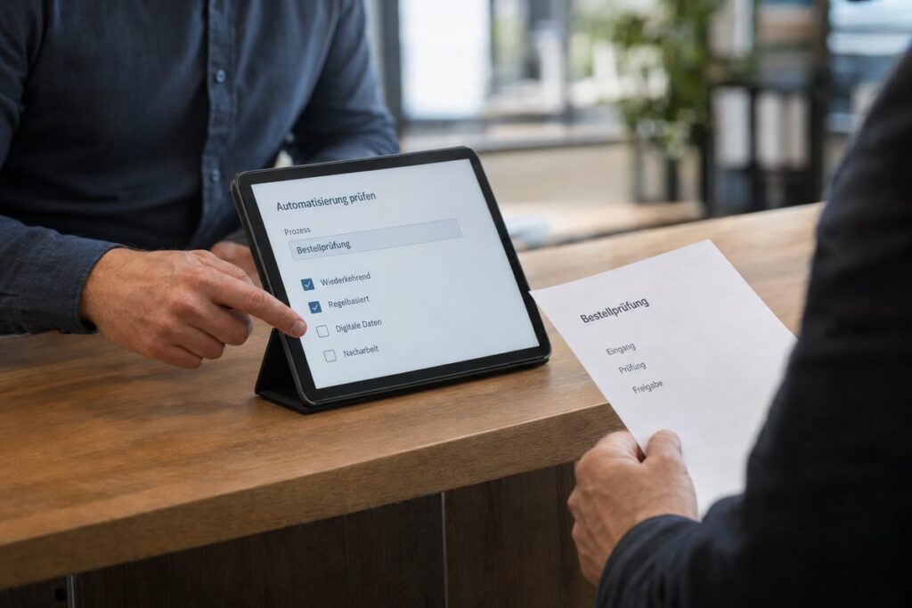 Zwei Kollegen prüfen auf einem Tablet Kriterien für die Automatisierung der Bestellprüfung.
