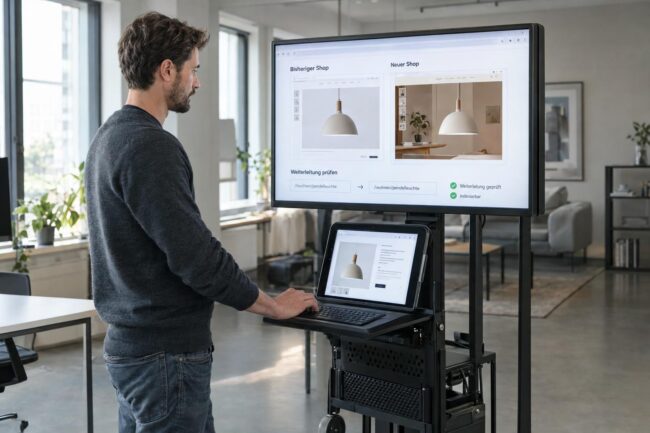 shop relaunch: Entwickler prüft am Testgerät alten und neuen Shop sowie Weiterleitung und Indexierbarkeit.