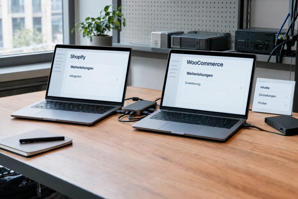 Zwei Test-Laptops zeigen Weiterleitungsfunktionen und Migrationseinstellungen für Shopify und WooCommerce.