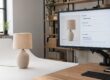 shopify seo: Keramikleuchte neben einem Monitor mit Produktbild, SEO-Feldern und Suchvorschau.