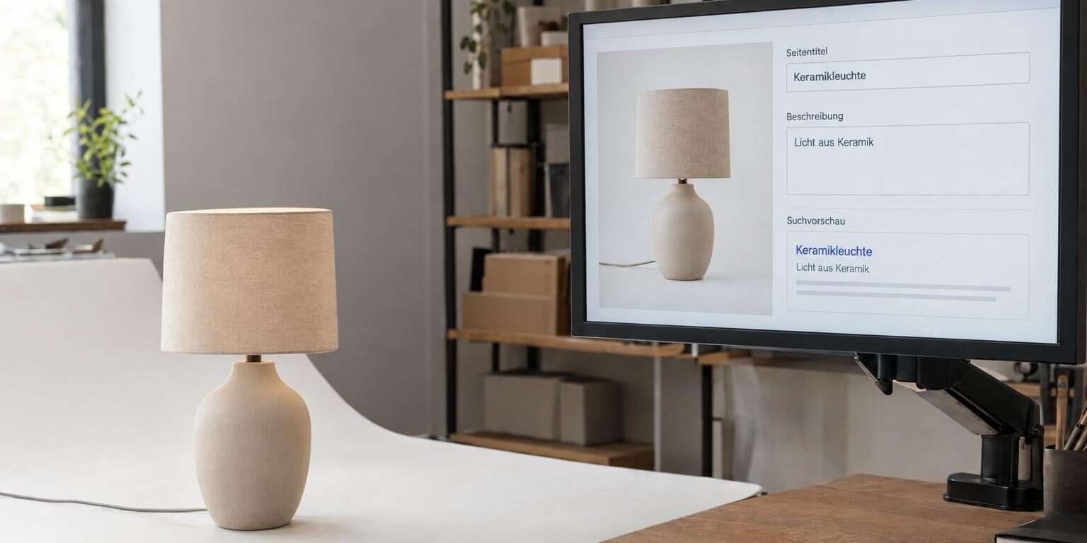 Shopify SEO: Die 20-Punkte-Checkliste für mehr organische Verkäufe shopify seo: Keramikleuchte neben einem Monitor mit Produktbild, SEO-Feldern und Suchvorschau.