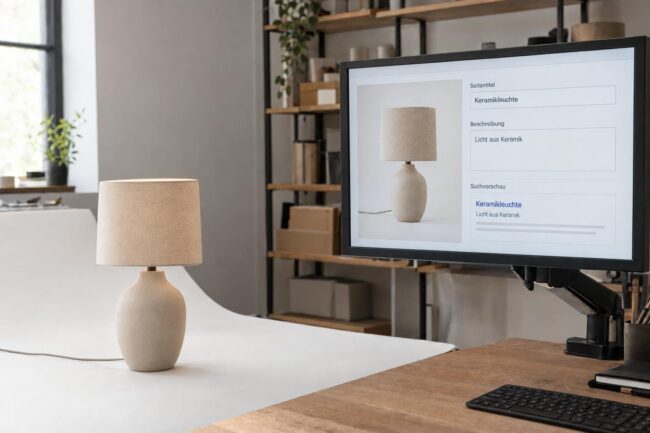 shopify seo: Keramikleuchte neben einem Monitor mit Produktbild, SEO-Feldern und Suchvorschau.