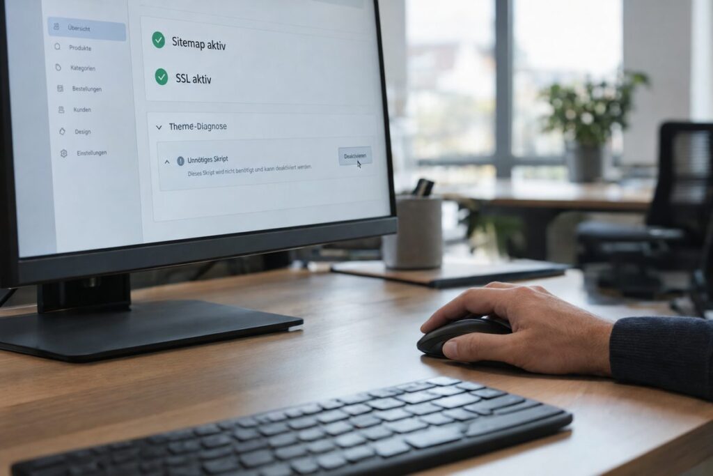 Shop-Diagnose mit aktiver Sitemap und SSL sowie einem unnötigen Theme-Skript zur Deaktivierung.