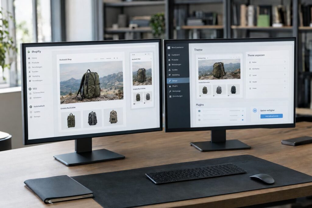 Zwei Monitore vergleichen integrierte Shopify-Verwaltung mit Theme-, Plugin- und Update-Einstellungen in WooCommerce.