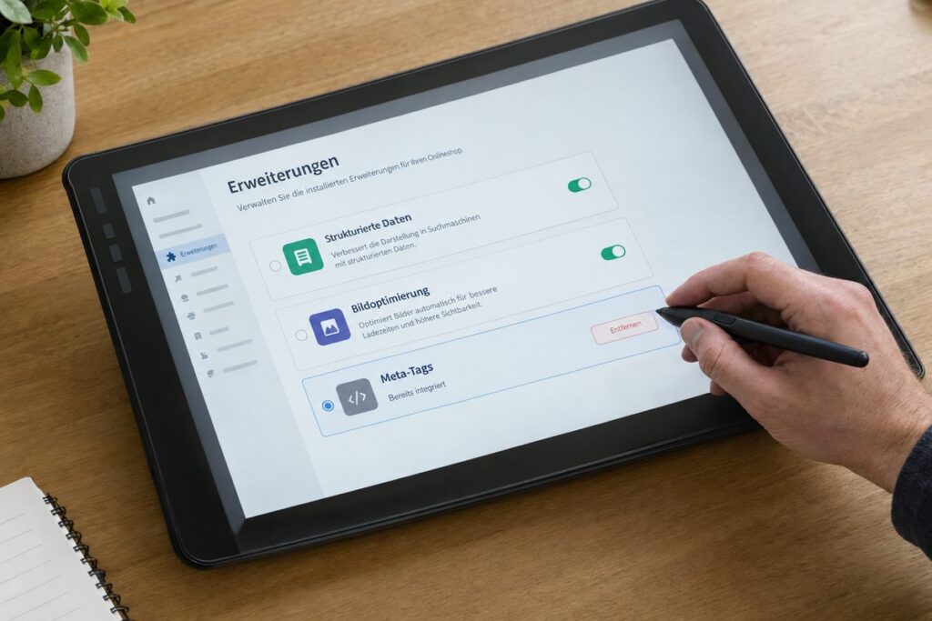 Eine Hand wählt auf einem Stift-Display das Entfernen einer SEO-App, deren Funktion bereits integriert ist.