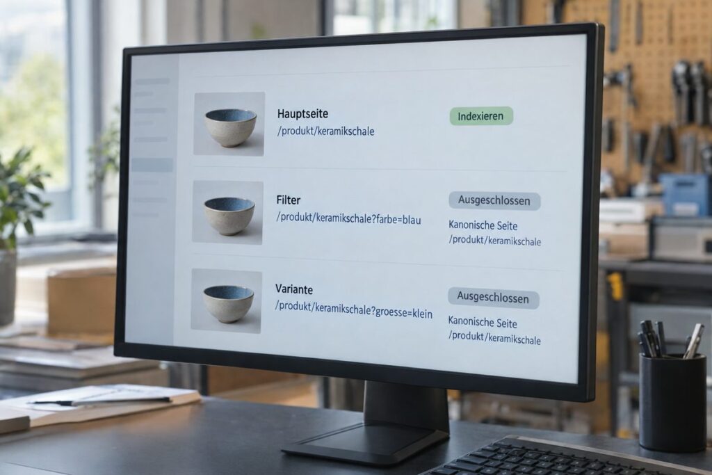 Shop-Prüfansicht mit gleicher Produktabbildung für Hauptseite, Filter und Variante sowie deren Indexierungsstatus.