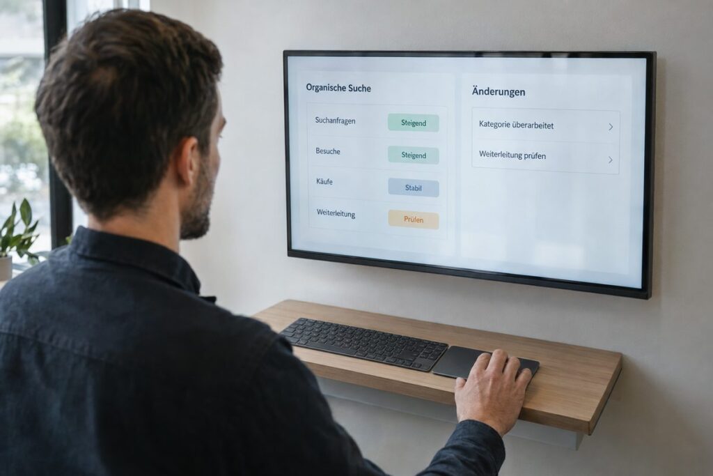 Ein Shopanalyst prüft Suchentwicklung und Weiterleitungsfehler neben einem digitalen Änderungsprotokoll.