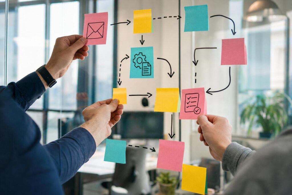 workflow automatisierung: Männerhände ordnen an Glaswand Skizzen zu automatisierten E-Mails, Dokumenten und Prozessen.