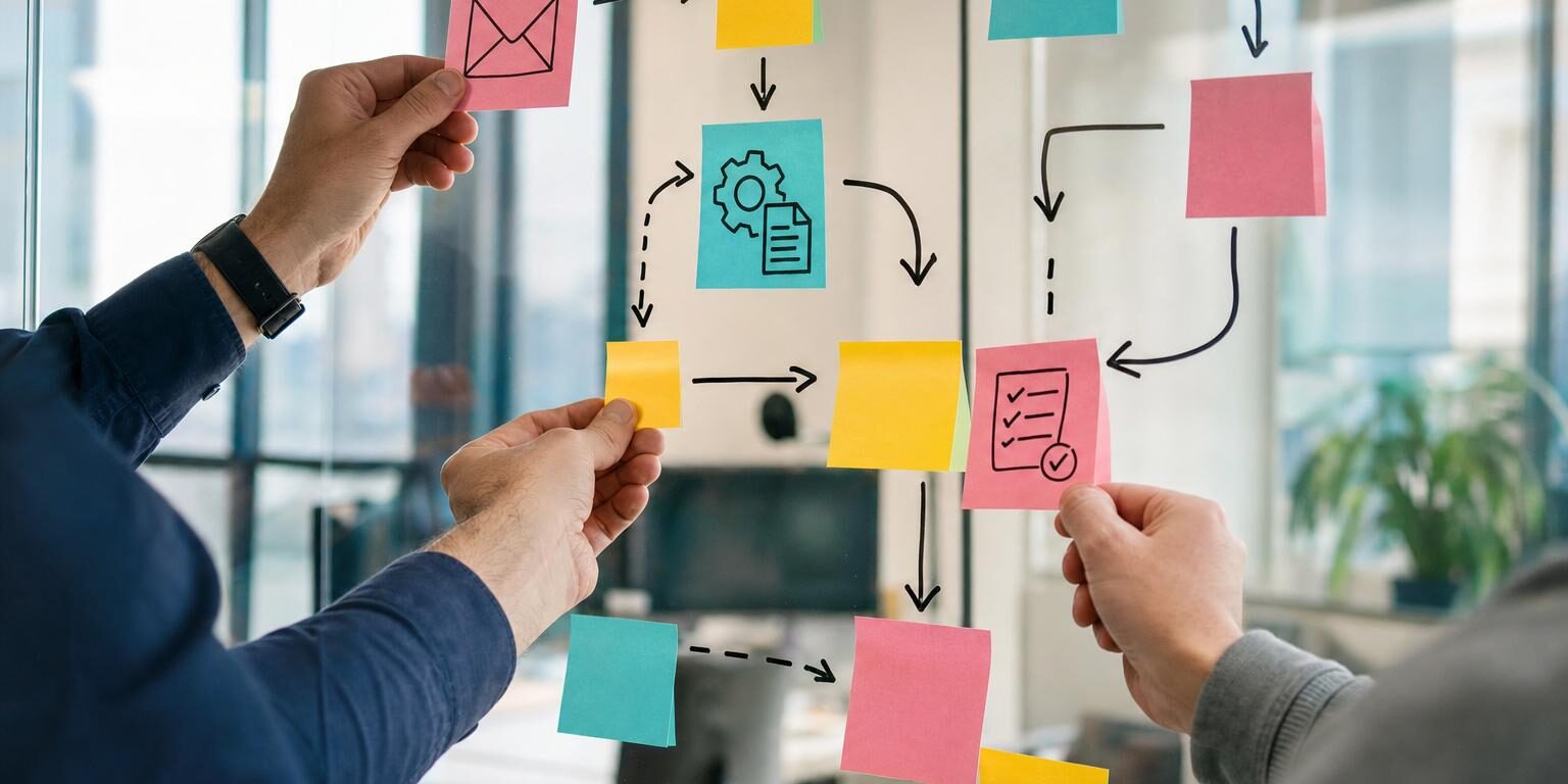Workflow-Automatisierung: 12 Praxisbeispiele für Vertrieb, Marketing und Buchhaltung workflow automatisierung: Männerhände ordnen an Glaswand Skizzen zu automatisierten E-Mails, Dokumenten und Prozessen.