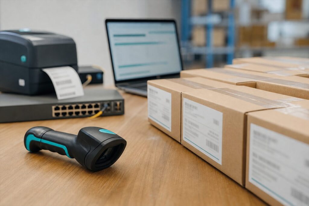 Nahaufnahme eines Barcode-Scanners neben Versandkartons und Labeldrucker in einem Lagerraum.