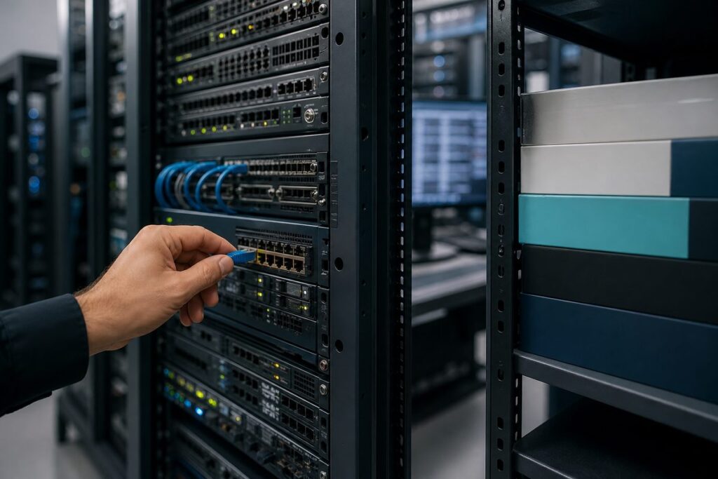 Hand eines Mannes steckt Netzwerkkabel in Switch, daneben Server und Software-Pakete im Technikraum.